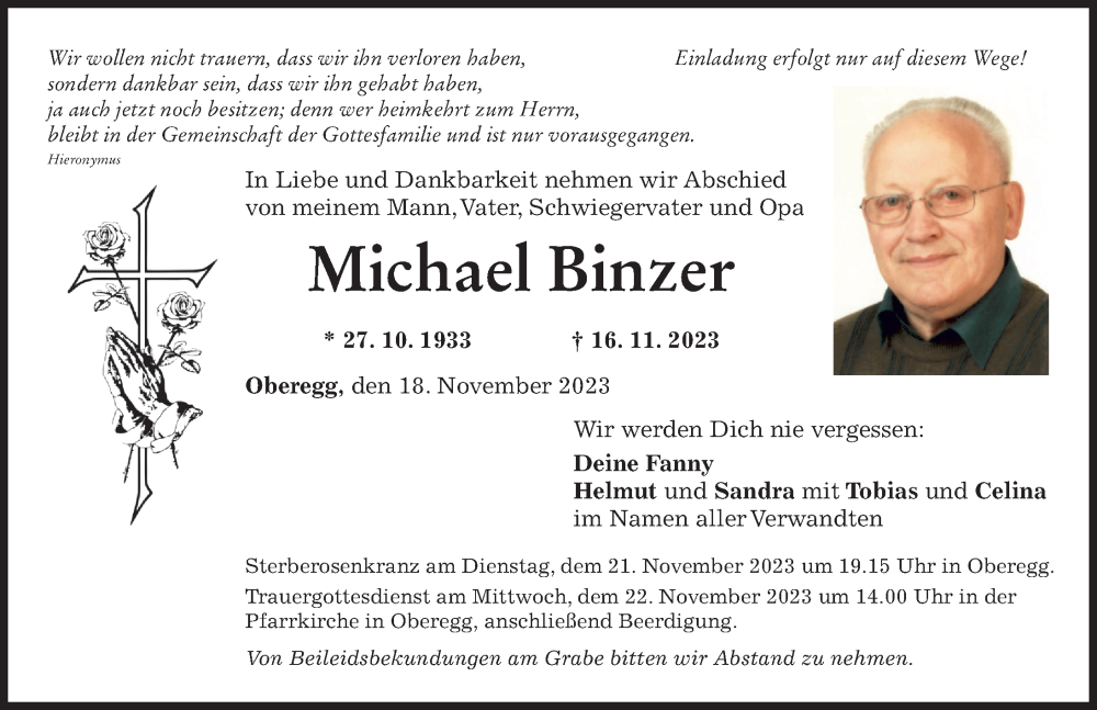  Traueranzeige für Michael Binzer vom 18.11.2023 aus Mindelheimer Zeitung