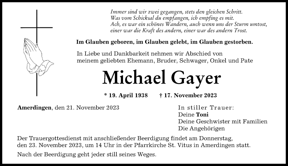 Traueranzeigen Von Michael Gayer | Augsburger Allgemeine Zeitung