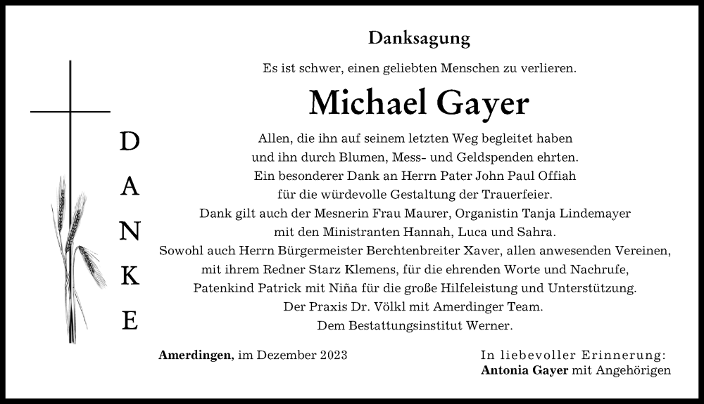  Traueranzeige für Michael Gayer vom 01.12.2023 aus Rieser Nachrichten