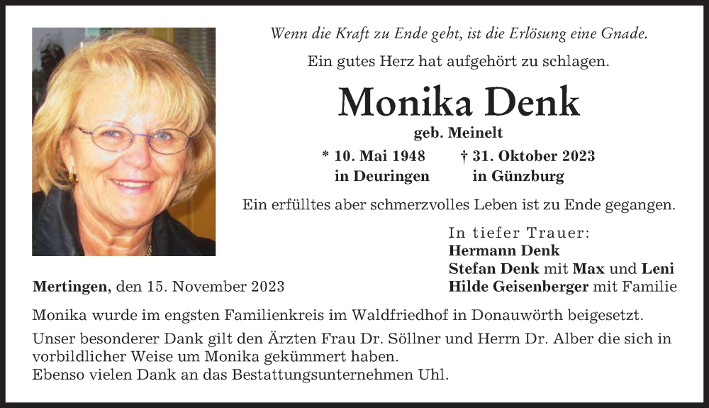  Traueranzeige für Monika Denk vom 15.11.2023 aus Donauwörther Zeitung