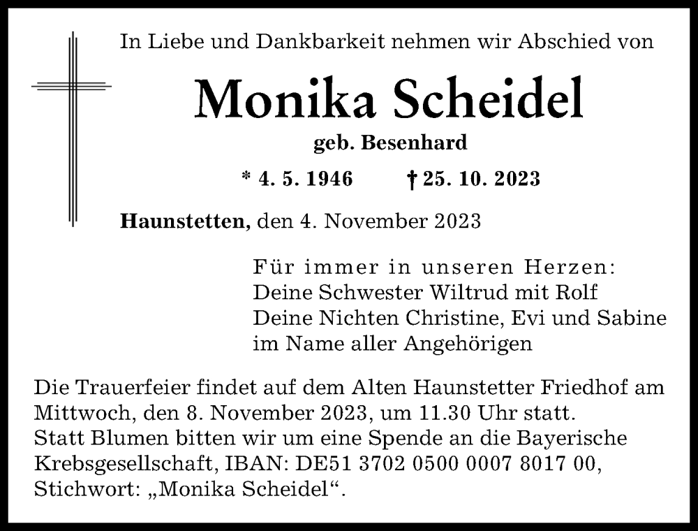 Traueranzeige von Monika Scheidel von Augsburger Allgemeine