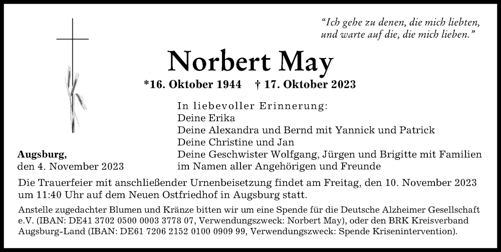 Traueranzeige von Norbert May von Augsburger Allgemeine