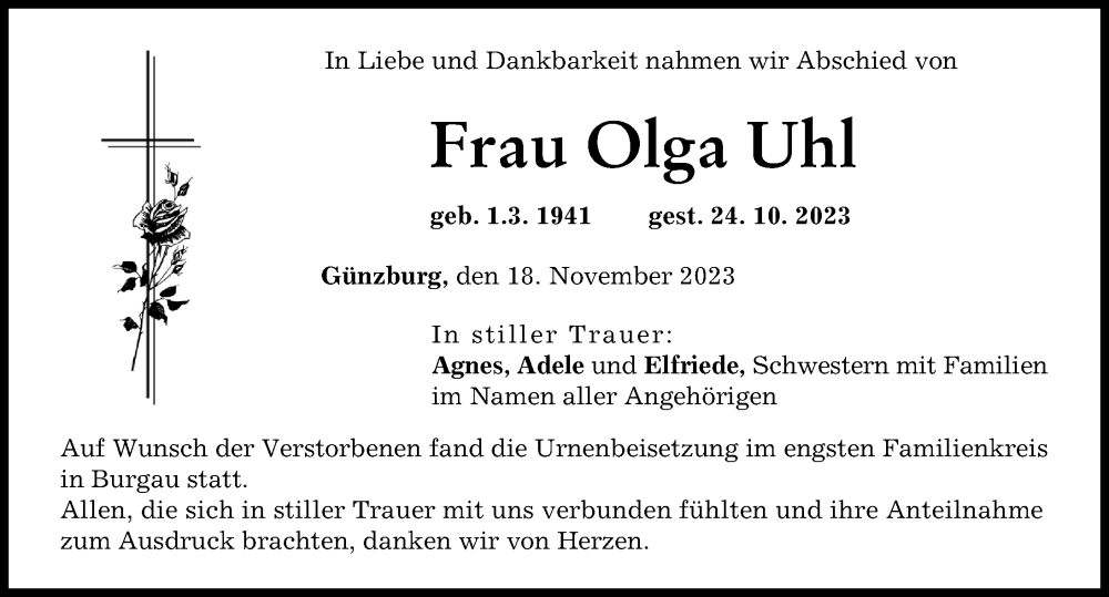 Traueranzeige von Olga Uhl von Günzburger Zeitung