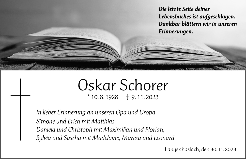  Traueranzeige für Oskar Schorer vom 30.11.2023 aus Mittelschwäbische Nachrichten
