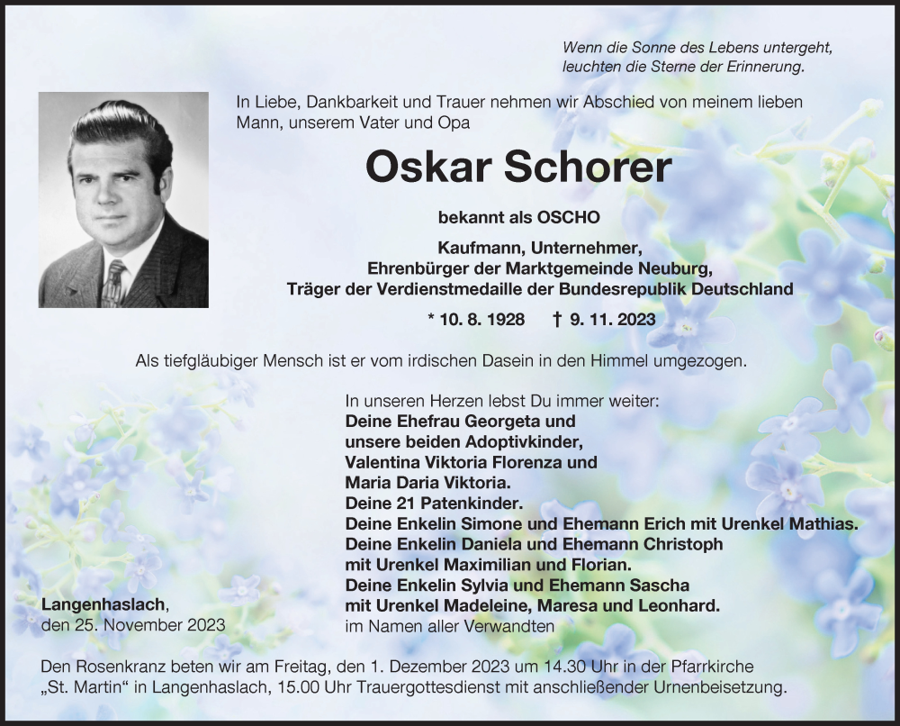  Traueranzeige für Oskar Schorer vom 25.11.2023 aus Mittelschwäbische Nachrichten