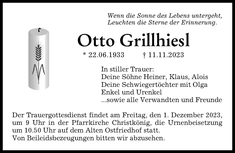  Traueranzeige für Otto Grillhiesl vom 25.11.2023 aus Augsburger Allgemeine