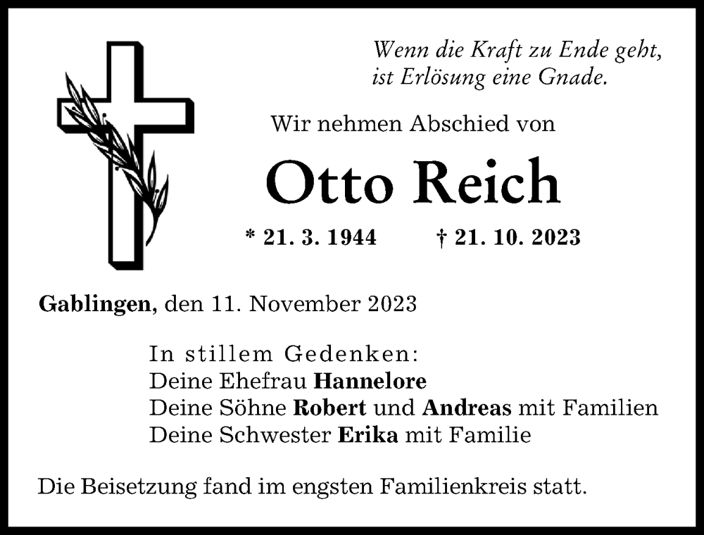 Traueranzeige von Otto Reich von Augsburg-Land