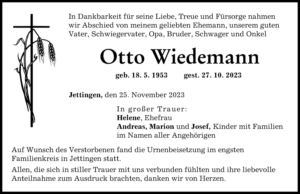 Traueranzeige von Otto Wiedemann von Günzburger Zeitung