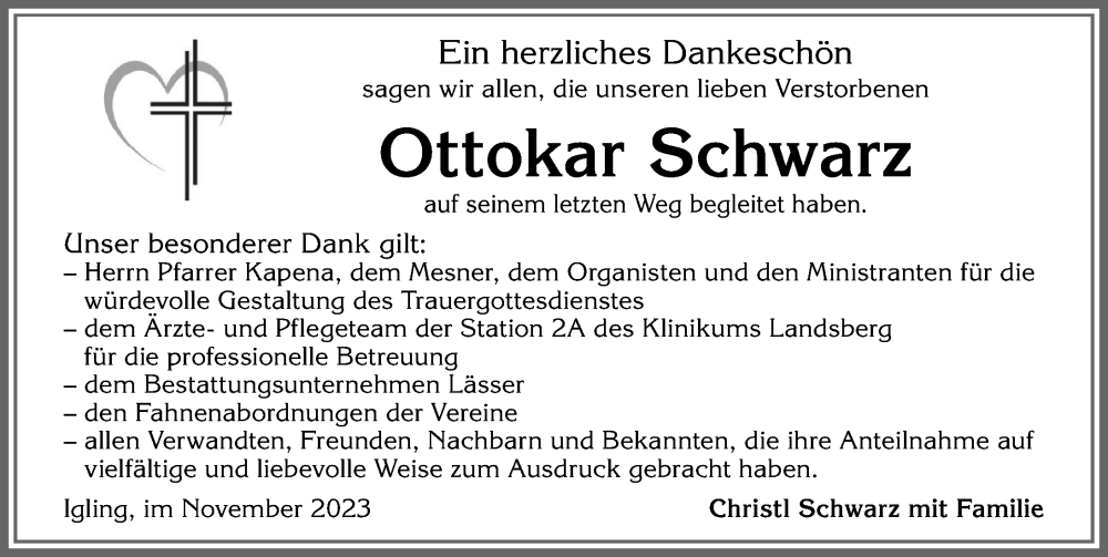 Traueranzeige von Ottokar Schwarz von Landsberger Tagblatt