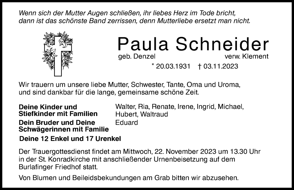 Traueranzeige von Paula Schneider von Augsburger Allgemeine, Neu-Ulmer Zeitung
