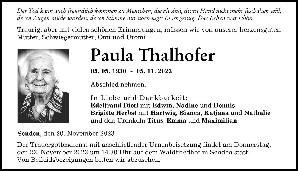 Traueranzeige von Paula Thalhofer von Neu-Ulmer Zeitung