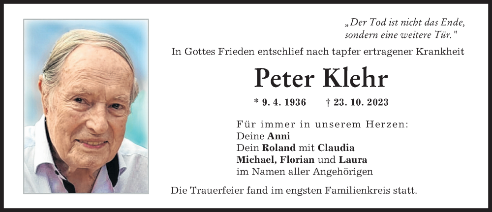  Traueranzeige für Peter Klehr vom 25.11.2023 aus Schwabmünchner Allgemeine