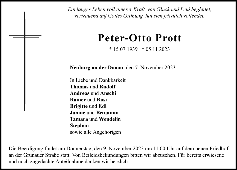 Traueranzeige von Peter-Otto Prott von Neuburger Rundschau