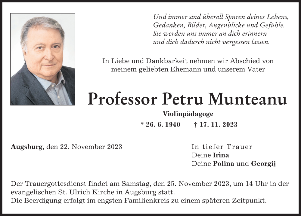 Traueranzeige von Petru Munteanu von Augsburger Allgemeine