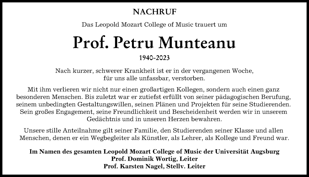 Traueranzeige von Petru Munteanu von Augsburger Allgemeine