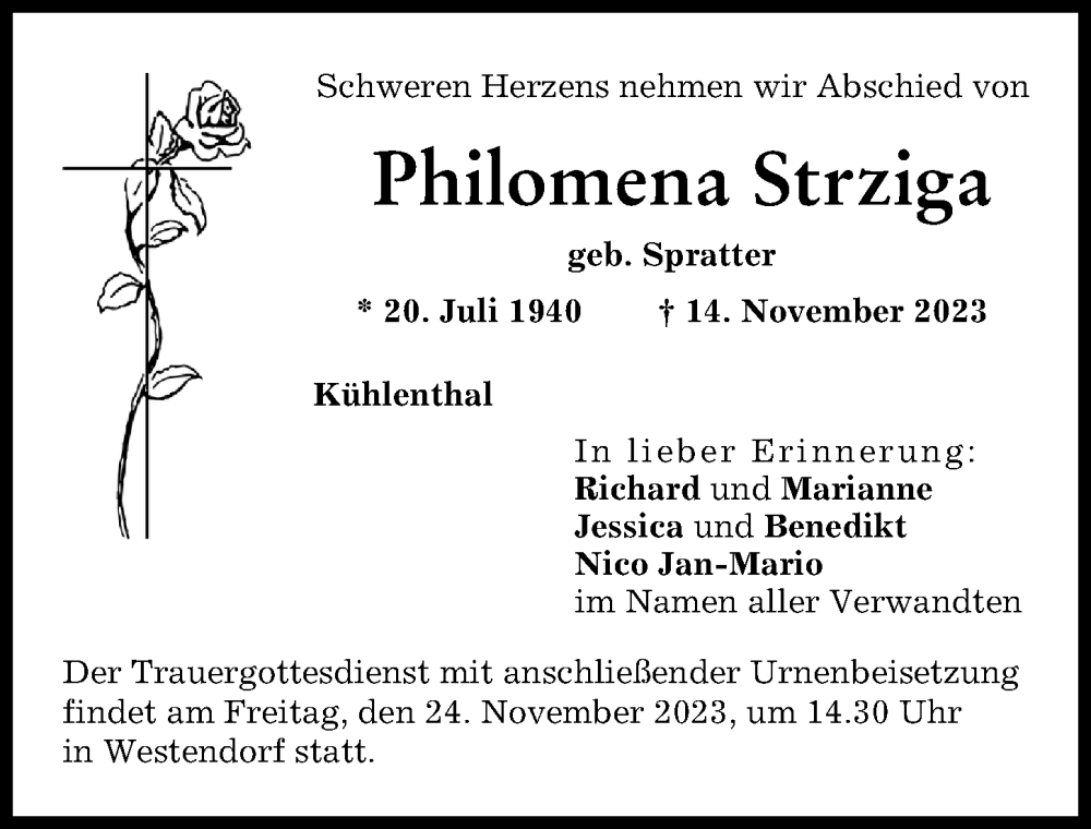 Traueranzeige von Philomena Strziga von Augsburg-Land