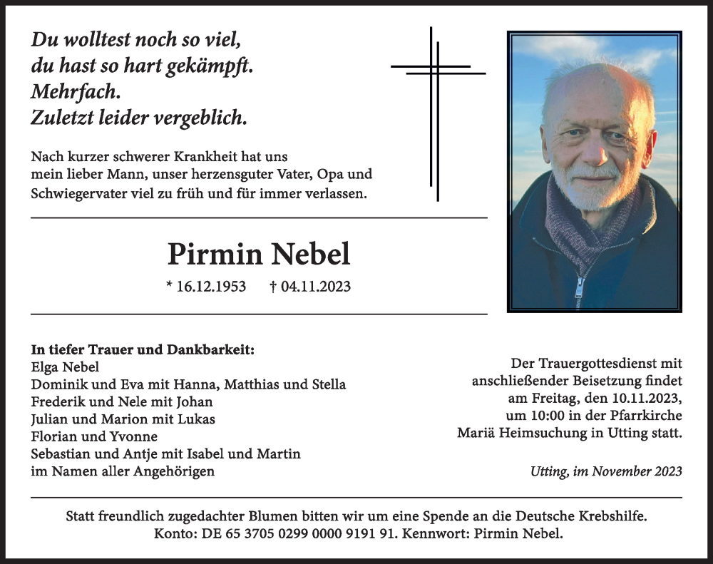  Traueranzeige für Pirmin Nebel vom 09.11.2023 aus Landsberger Tagblatt