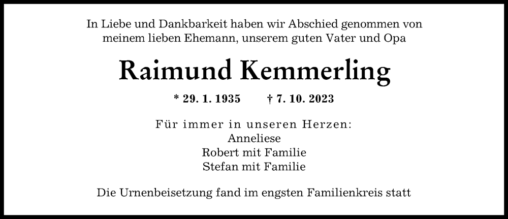 Traueranzeige von Raimund Kemmerling von Augsburger Allgemeine