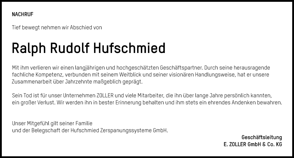 Traueranzeige von Ralph Rudolf Hufschmied von Augsburger Allgemeine