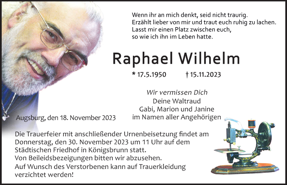 Traueranzeige für Raphael Wilhelm vom 18.11.2023 aus Aichacher Nachrichten, Augsburger Allgemeine