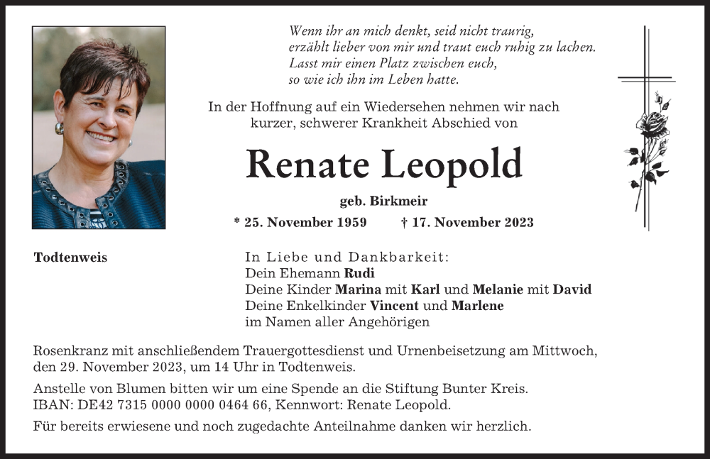  Traueranzeige für Renate Leopold vom 24.11.2023 aus Augsburg-Land, Aichacher Nachrichten