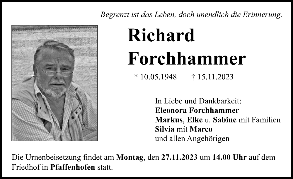  Traueranzeige für Richard Forchhammer vom 25.11.2023 aus Illertisser Zeitung