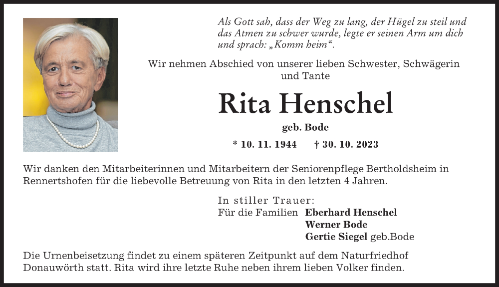 Traueranzeige von Rita Henschel von Donauwörther Zeitung