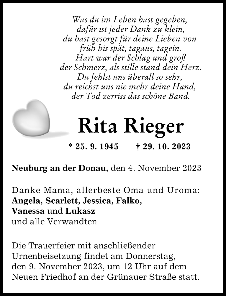 Traueranzeige von Rita Rieger von Neuburger Rundschau