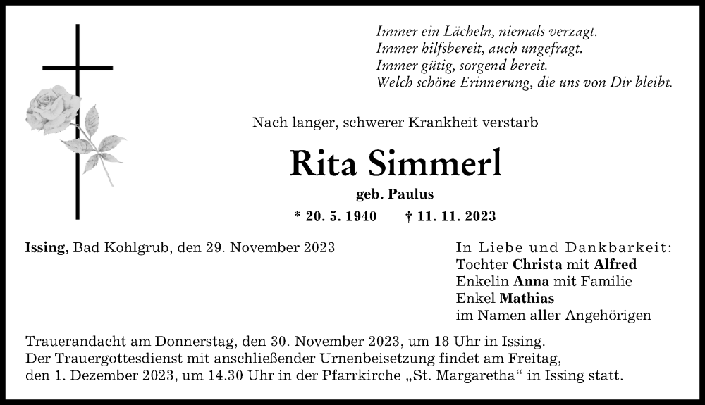 Traueranzeige für Rita Simmerl vom 29.11.2023 aus Landsberger Tagblatt