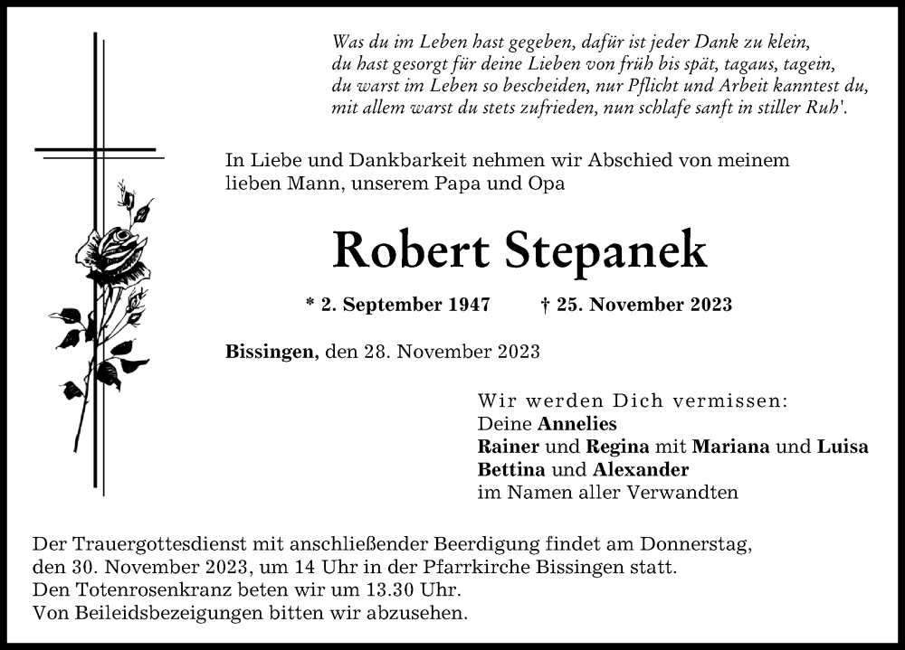  Traueranzeige für Robert Stepanek vom 28.11.2023 aus Donau Zeitung