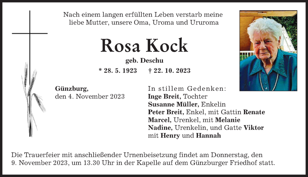 Traueranzeige von Rosa Kock von Günzburger Zeitung