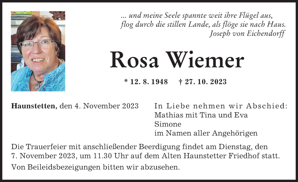 Traueranzeige von Rosa Wiemer von Augsburger Allgemeine