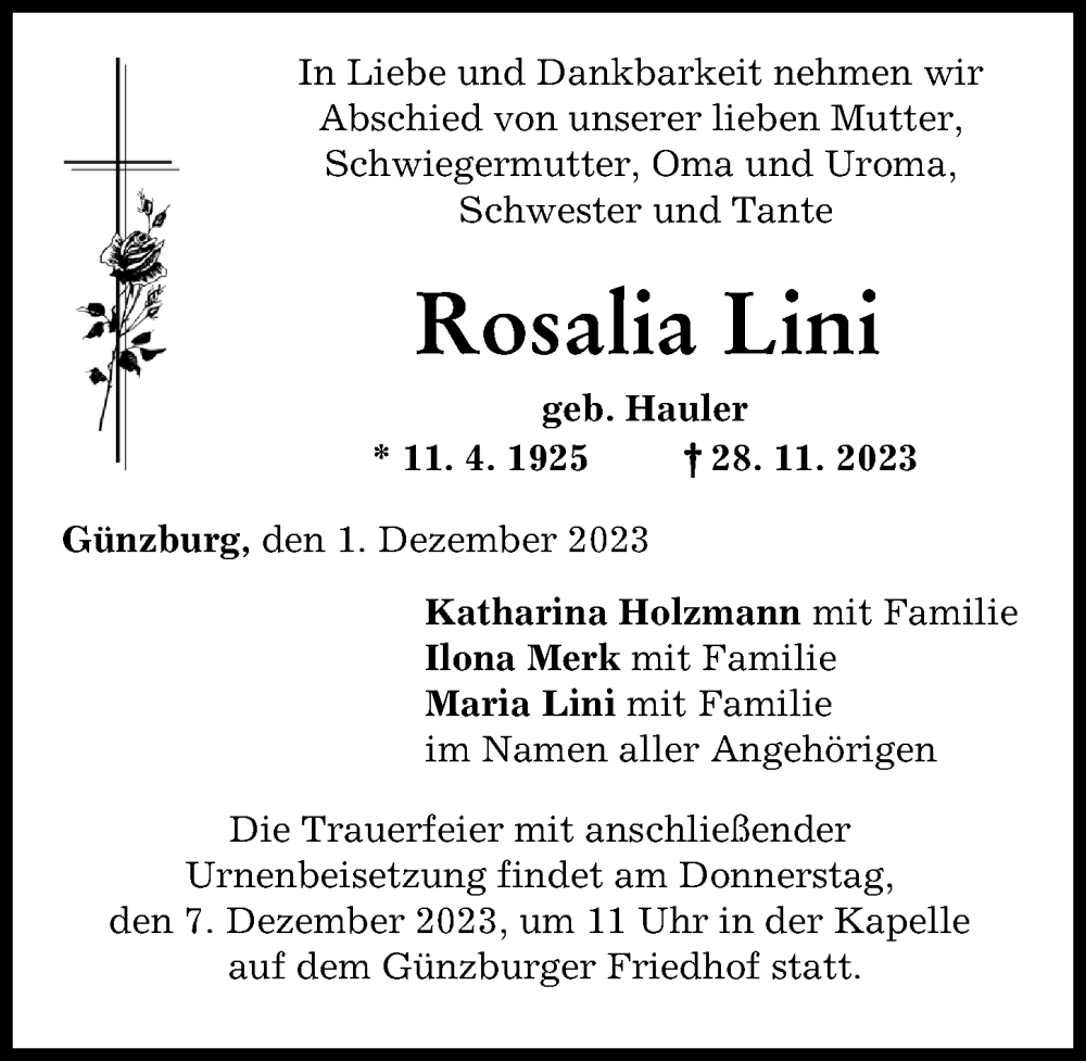  Traueranzeige für Rosalia Lini vom 01.12.2023 aus Günzburger Zeitung