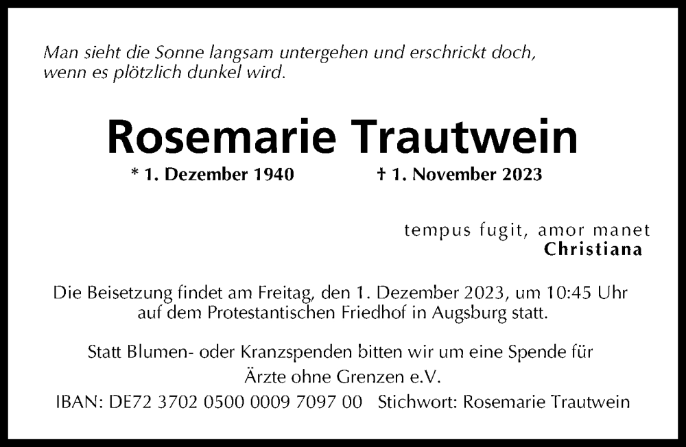  Traueranzeige für Rosemarie Trautwein vom 25.11.2023 aus Augsburger Allgemeine