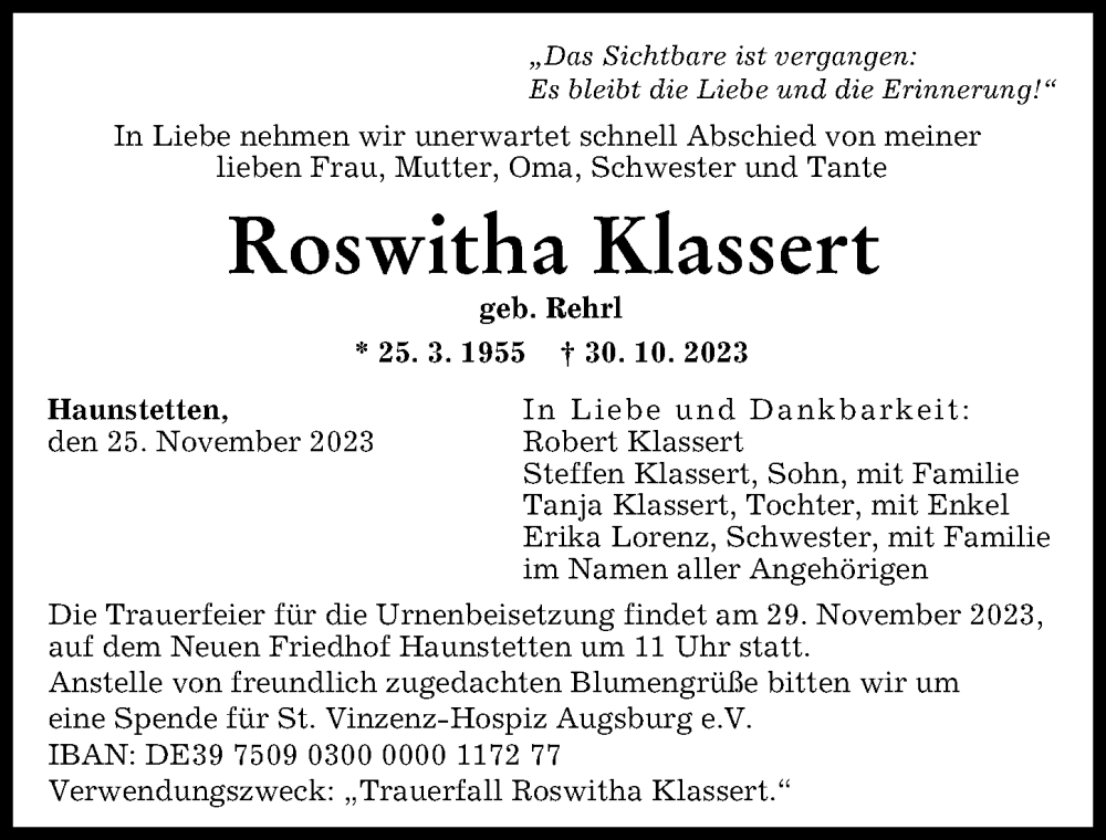 Traueranzeige von Roswitha Klassert von Augsburger Allgemeine