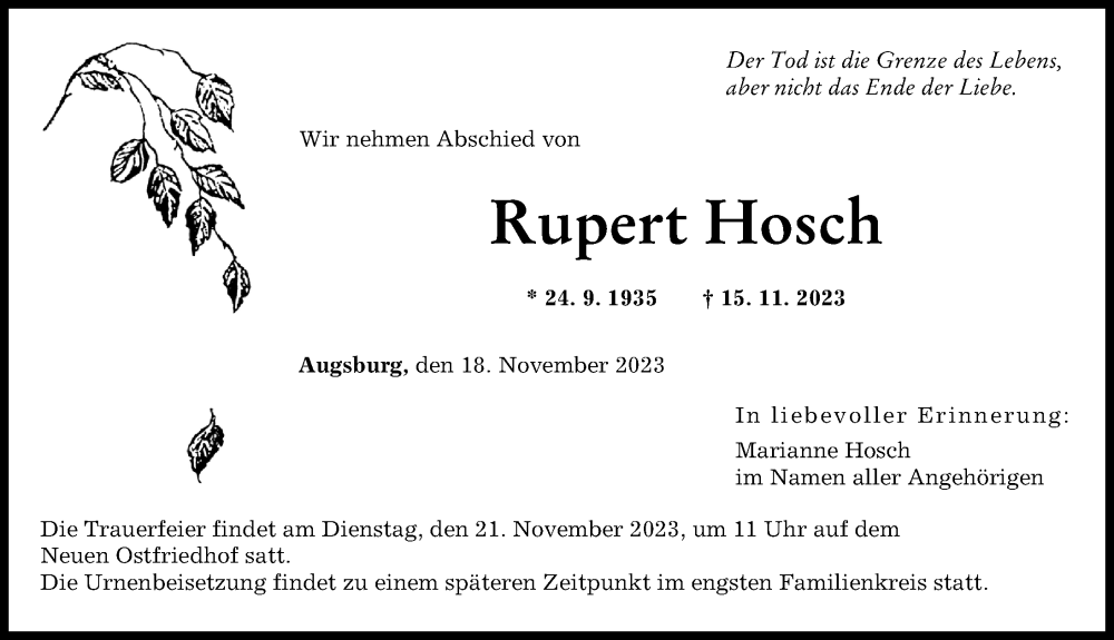 Traueranzeige von Rupert Hosch von Augsburger Allgemeine