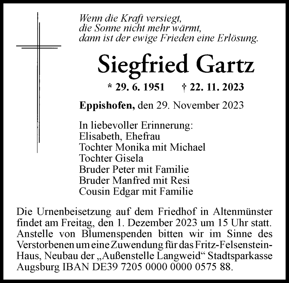  Traueranzeige für Siegfried Gartz vom 29.11.2023 aus Augsburg-Land