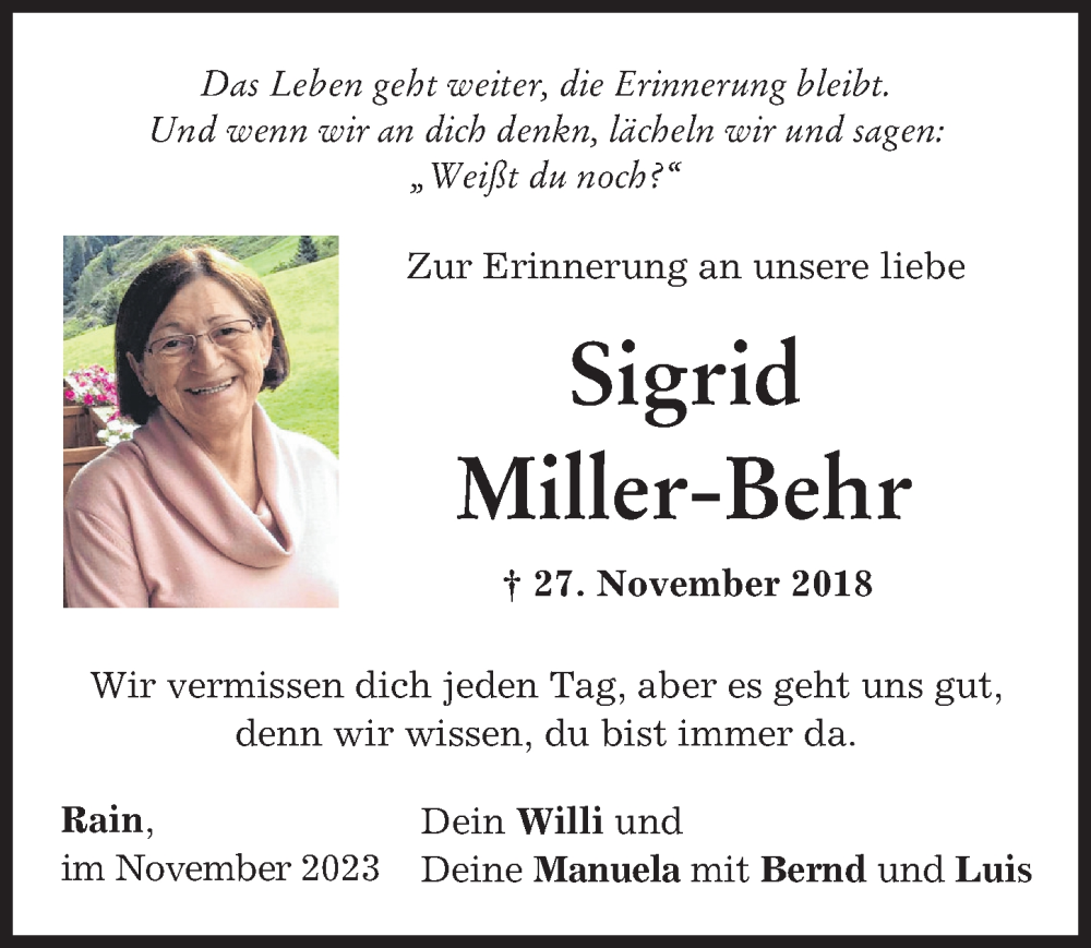  Traueranzeige für Sigrid Miller-Behr vom 27.11.2023 aus Donauwörther Zeitung