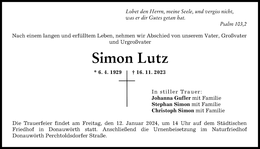 Traueranzeige von Simon Lutz von Donauwörther Zeitung