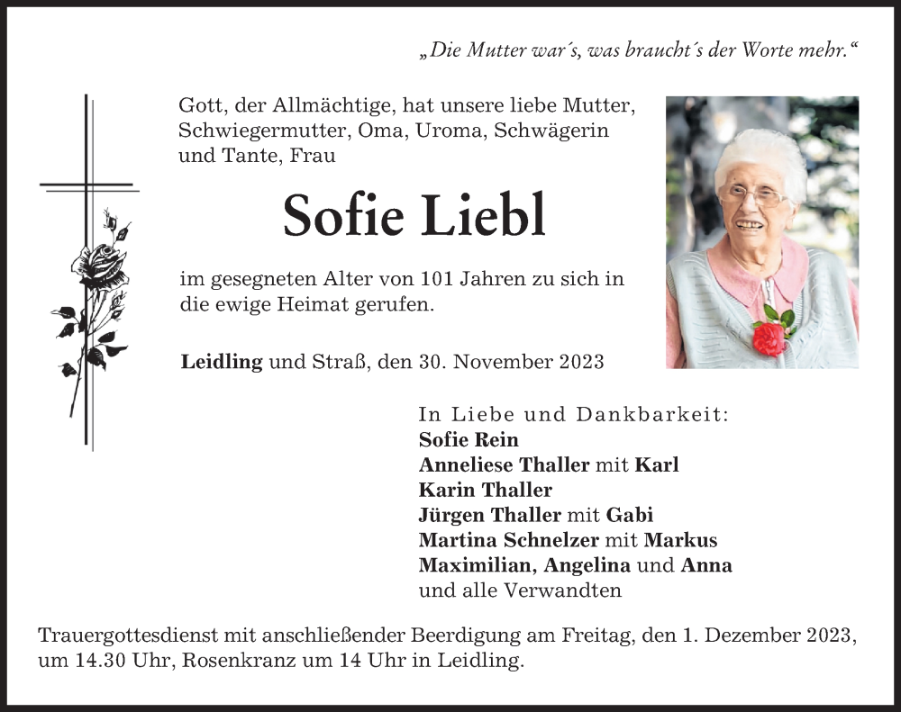  Traueranzeige für Sofie Liebl vom 30.11.2023 aus Neuburger Rundschau