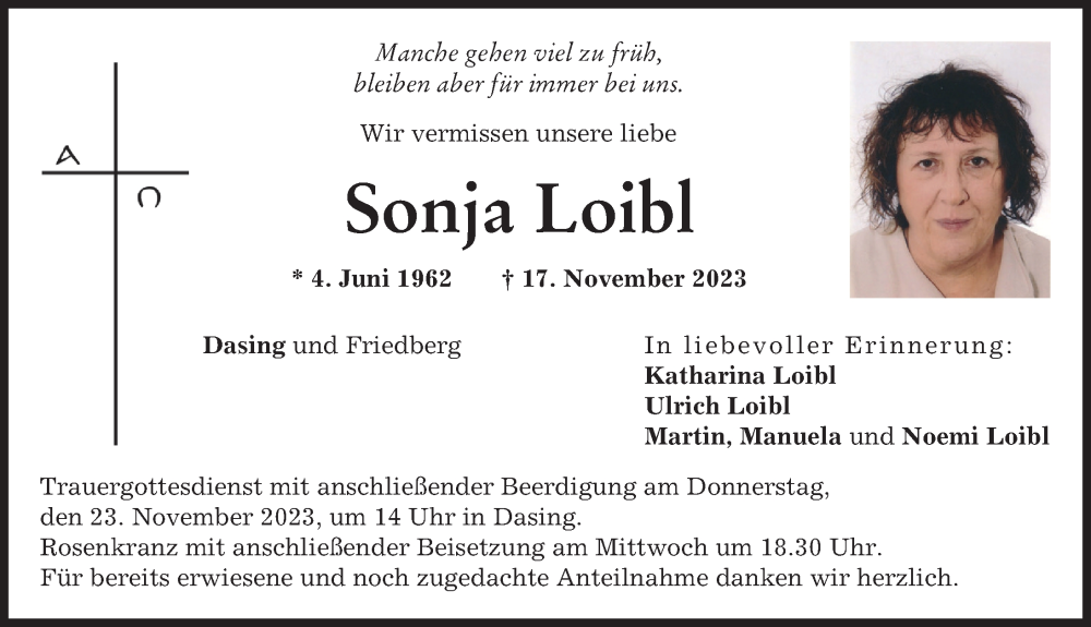  Traueranzeige für Sonja Loibl vom 20.11.2023 aus Friedberger Allgemeine
