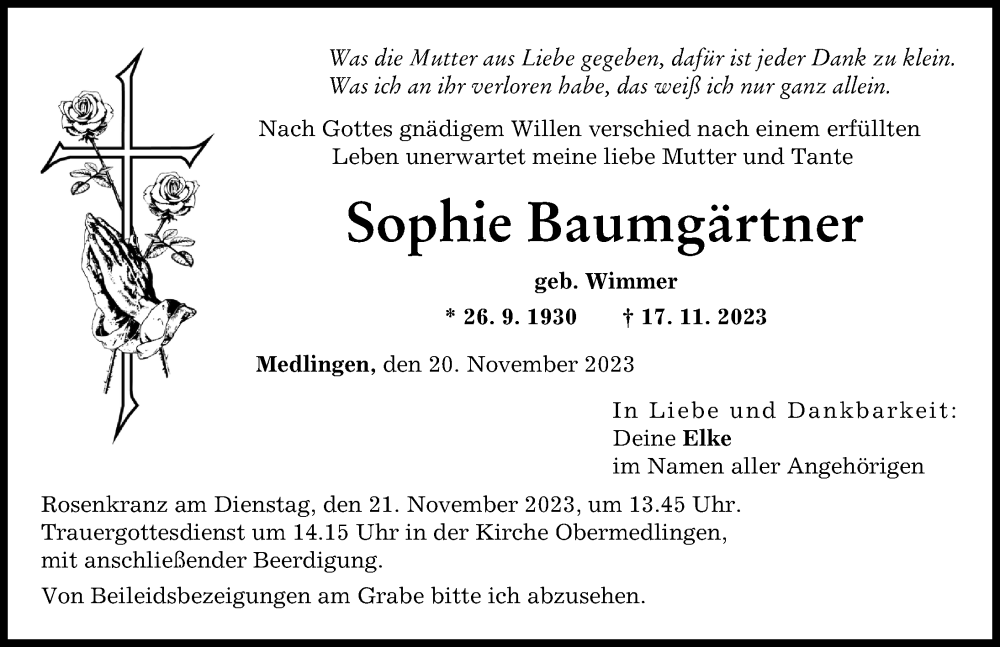  Traueranzeige für Sophie Baumgärtner vom 20.11.2023 aus Donau Zeitung