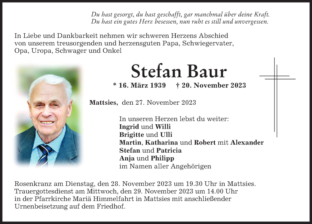  Traueranzeige für Stefan Baur vom 27.11.2023 aus Mindelheimer Zeitung