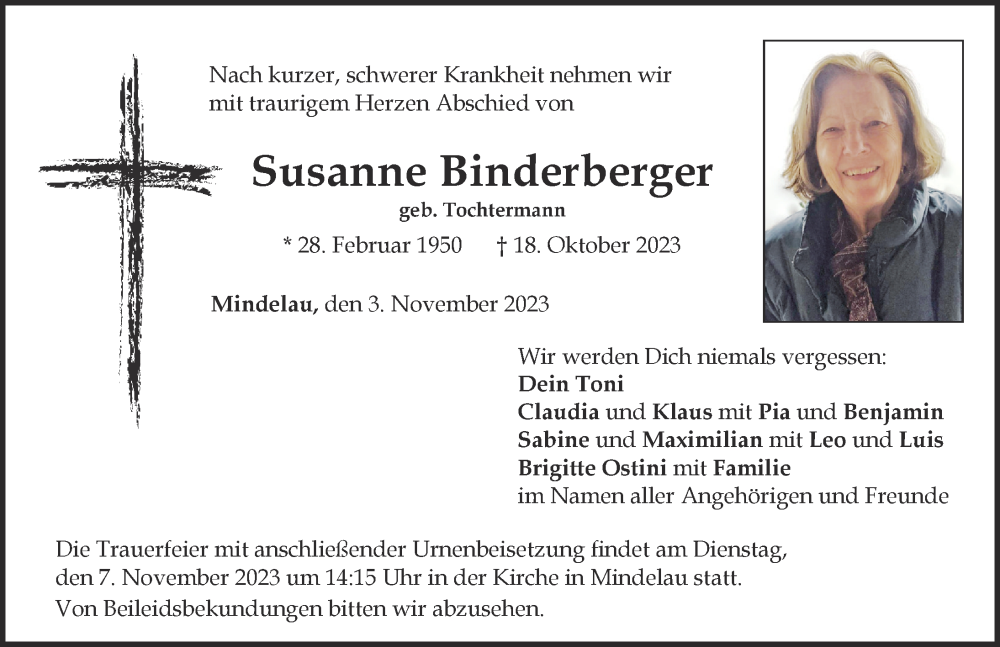 Traueranzeige von Susanne Binderberger von Mindelheimer Zeitung
