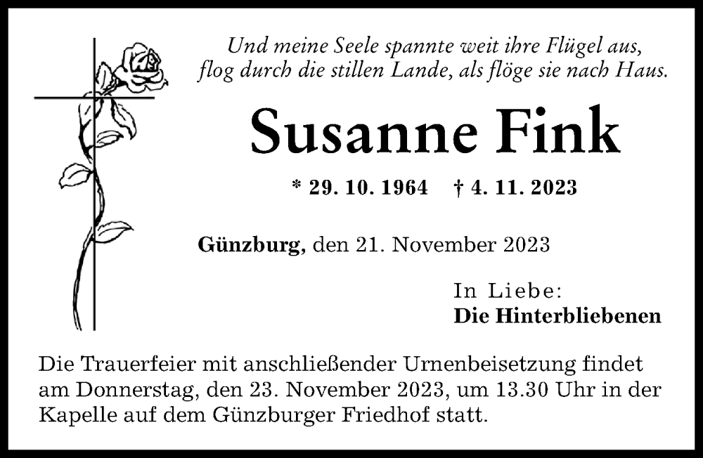 Traueranzeige von Susanne Fink von Mittelschwäbische Nachrichten, Günzburger Zeitung