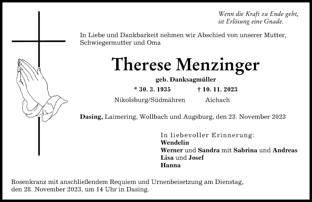 Traueranzeigen Von Therese Menzinger Augsburger Allgemeine Zeitung