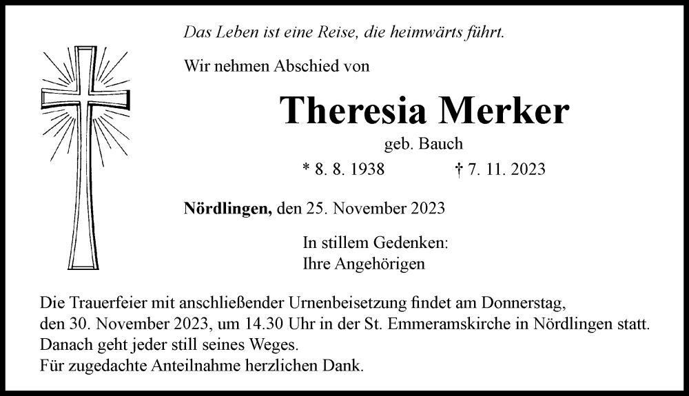  Traueranzeige für Theresia Merker vom 25.11.2023 aus Rieser Nachrichten