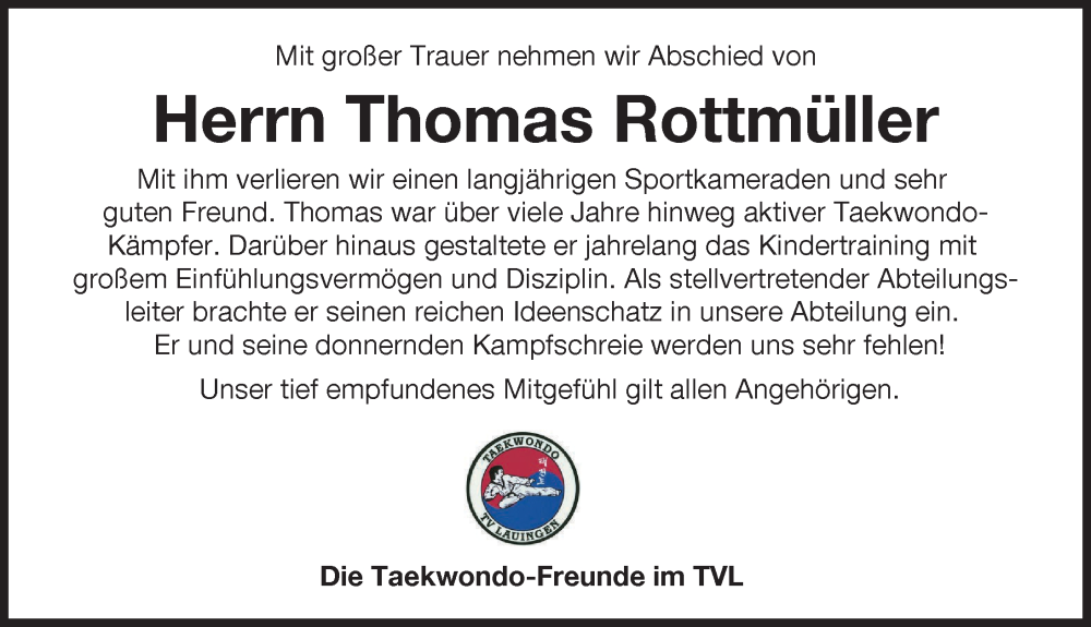 Traueranzeige von Thomas Rottmüller von Donau Zeitung