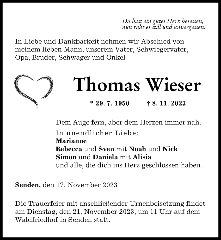 Traueranzeige von Thomas Wieser von Neu-Ulmer Zeitung