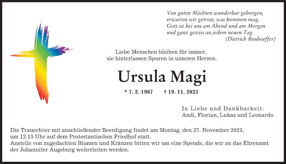  Traueranzeige für Ursula Magi vom 24.11.2023 aus Augsburger Allgemeine
